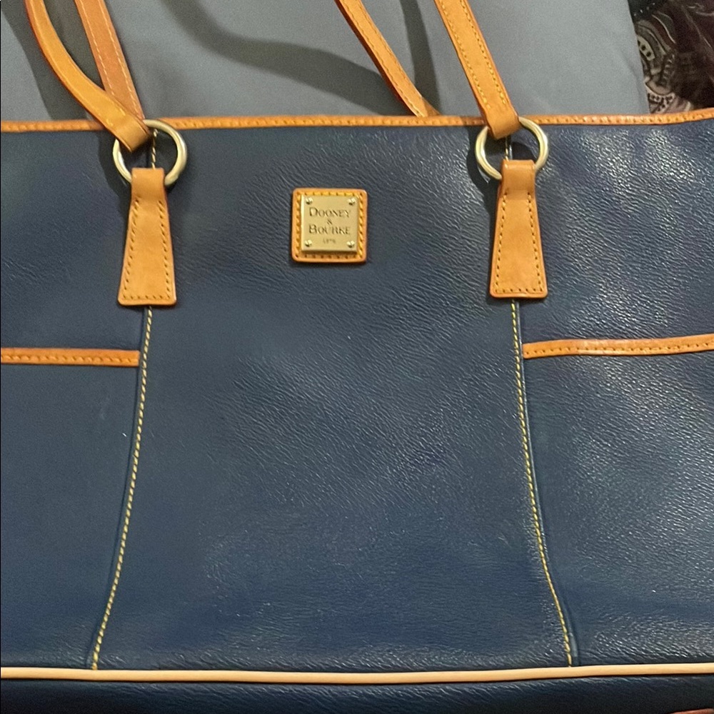 Dooney & Bourke Blue and Tan Leather Tote with Gold Accents